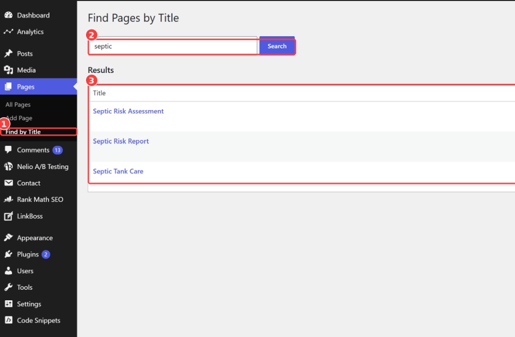 Find Pages by Title search in the WordPress admin showing instant results for "septic" in a native WordPress table