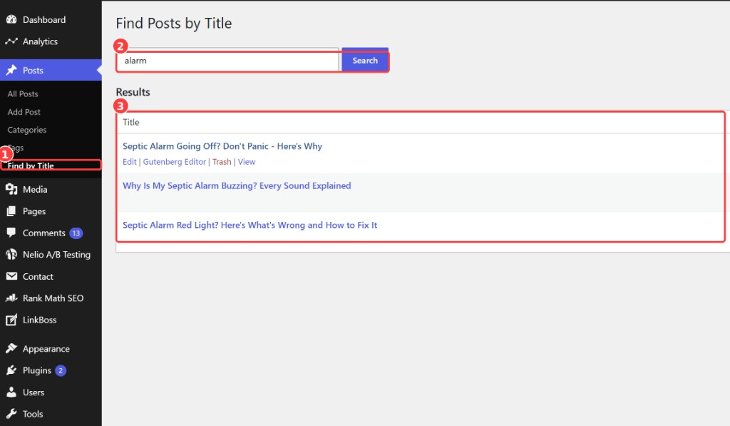 Find Posts by Title search in the WordPress admin showing instant results for "alarm" with Edit, Gutenberg Editor, Trash, and View row actions